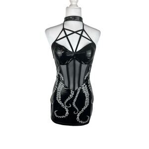 MEOWCOS Nocturnal Glimmer Gothic Black Bodycon Halter Dress Octopus Print